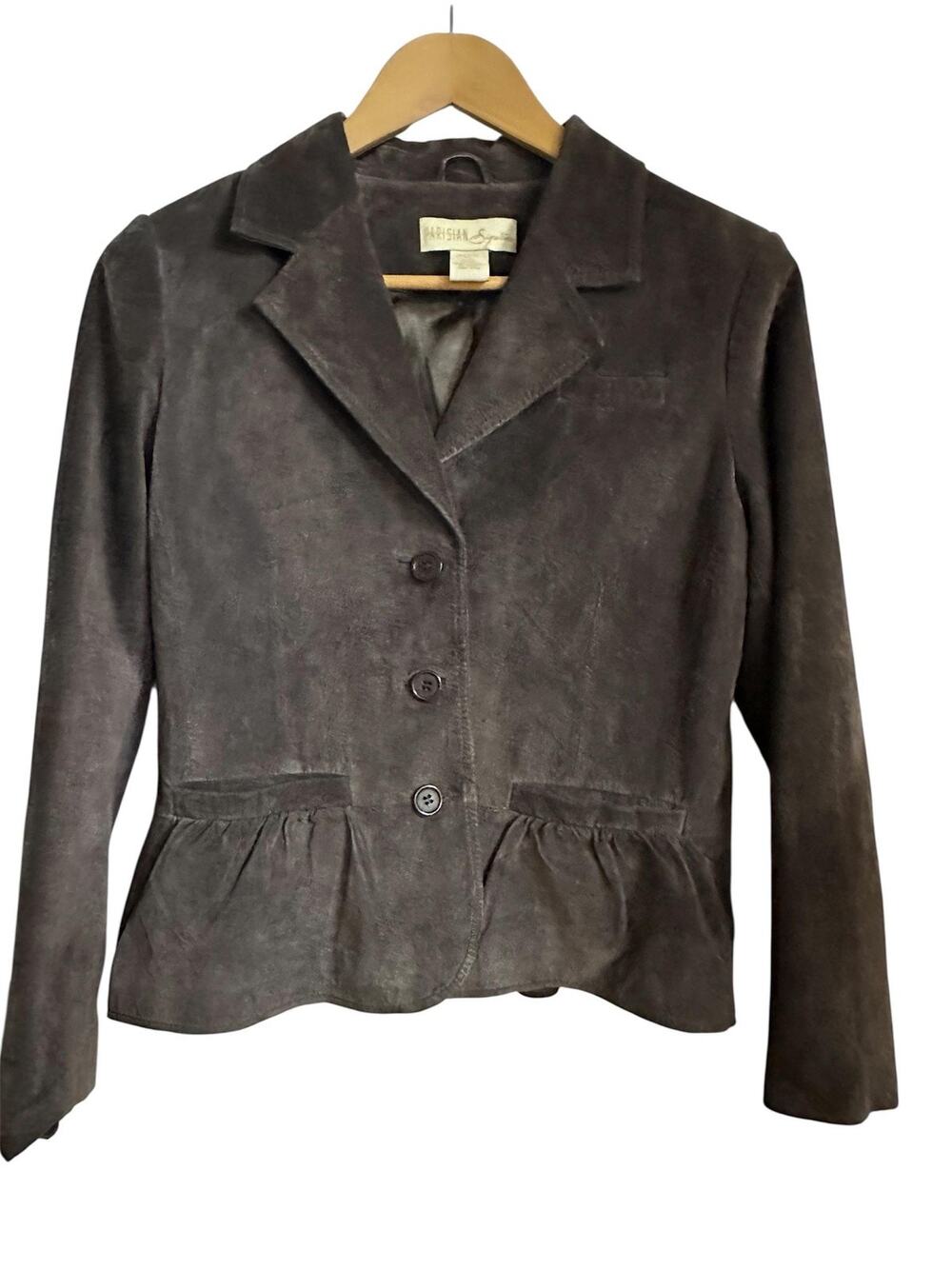 Parisian vintage Blazer Jacket Womens PM Brown Leather Ruffle Peplum Lined